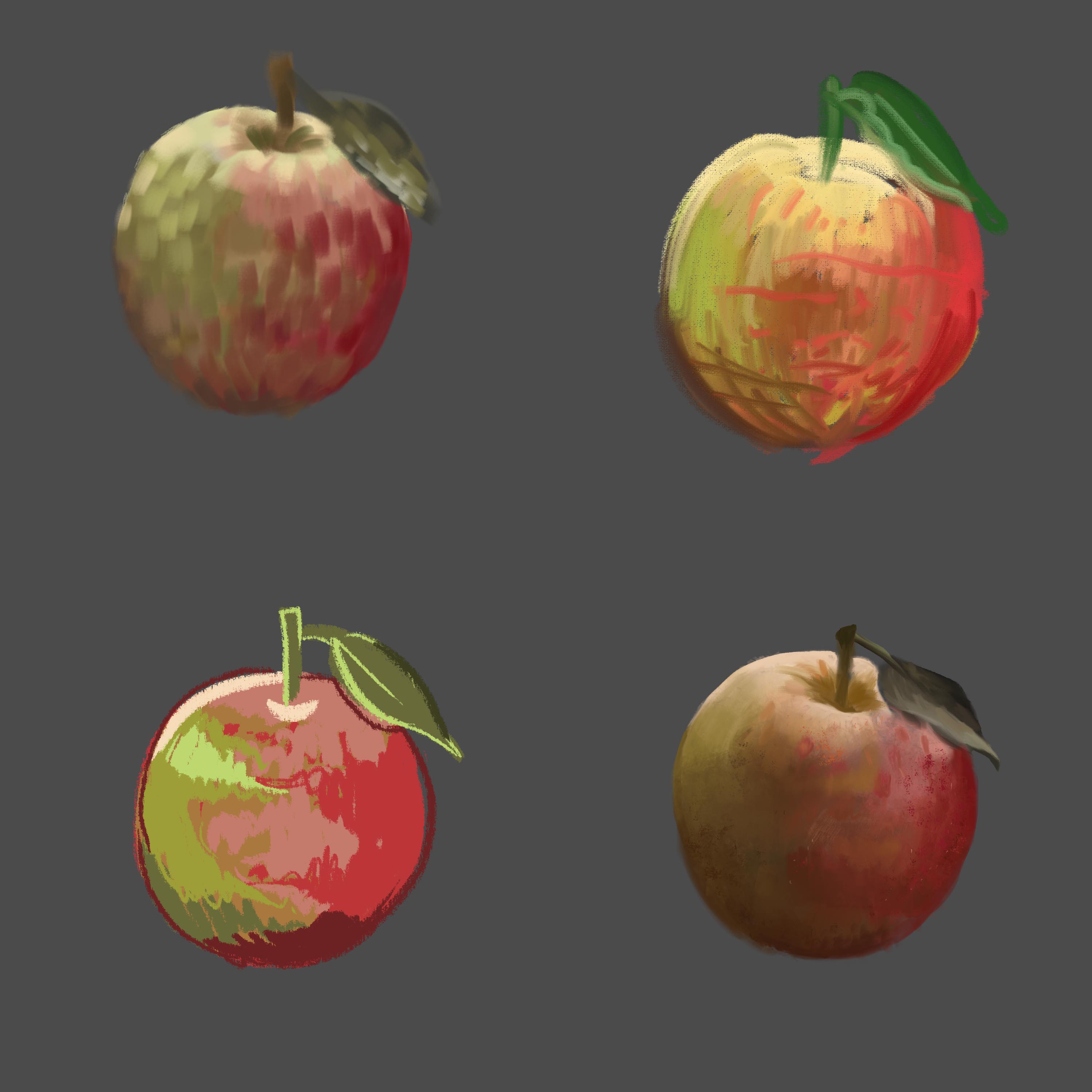 Artistic study of apples in 4 different styles.